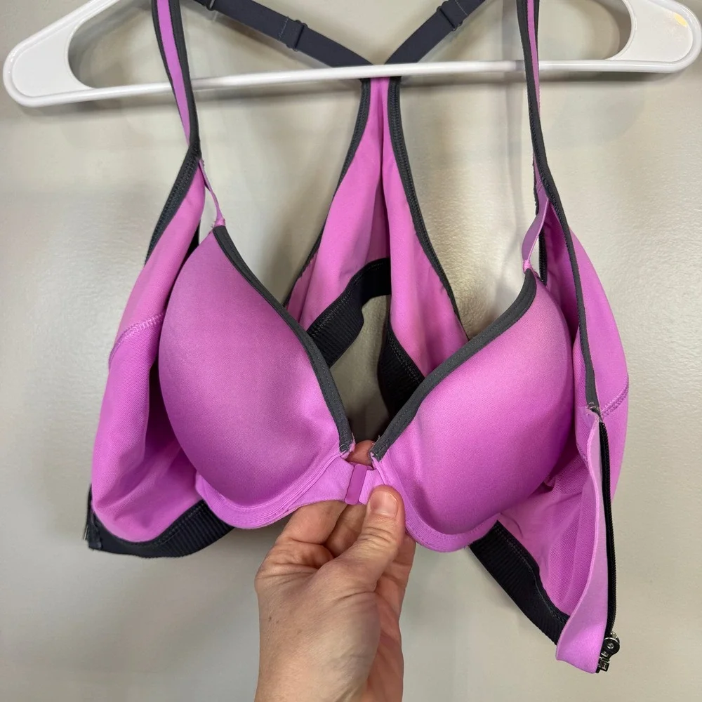 Victoria's Secret VSX 36B‎ Sports Bra Purple Gray Front Zip Clasp High Impact